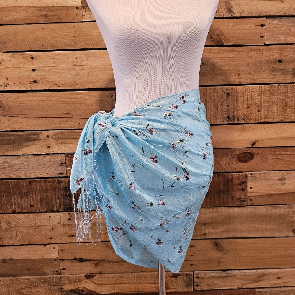 Aqua Blue Scarf/Wrap/Shawl w/ Embroidered Pink Flowers & Green Leaves 62" Long - Picture 8 of 13